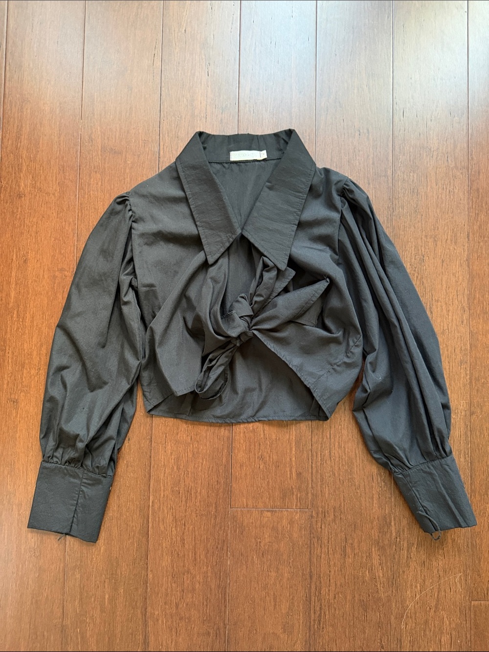Cropped Black Tie-Front Puff Sleeve Blouse